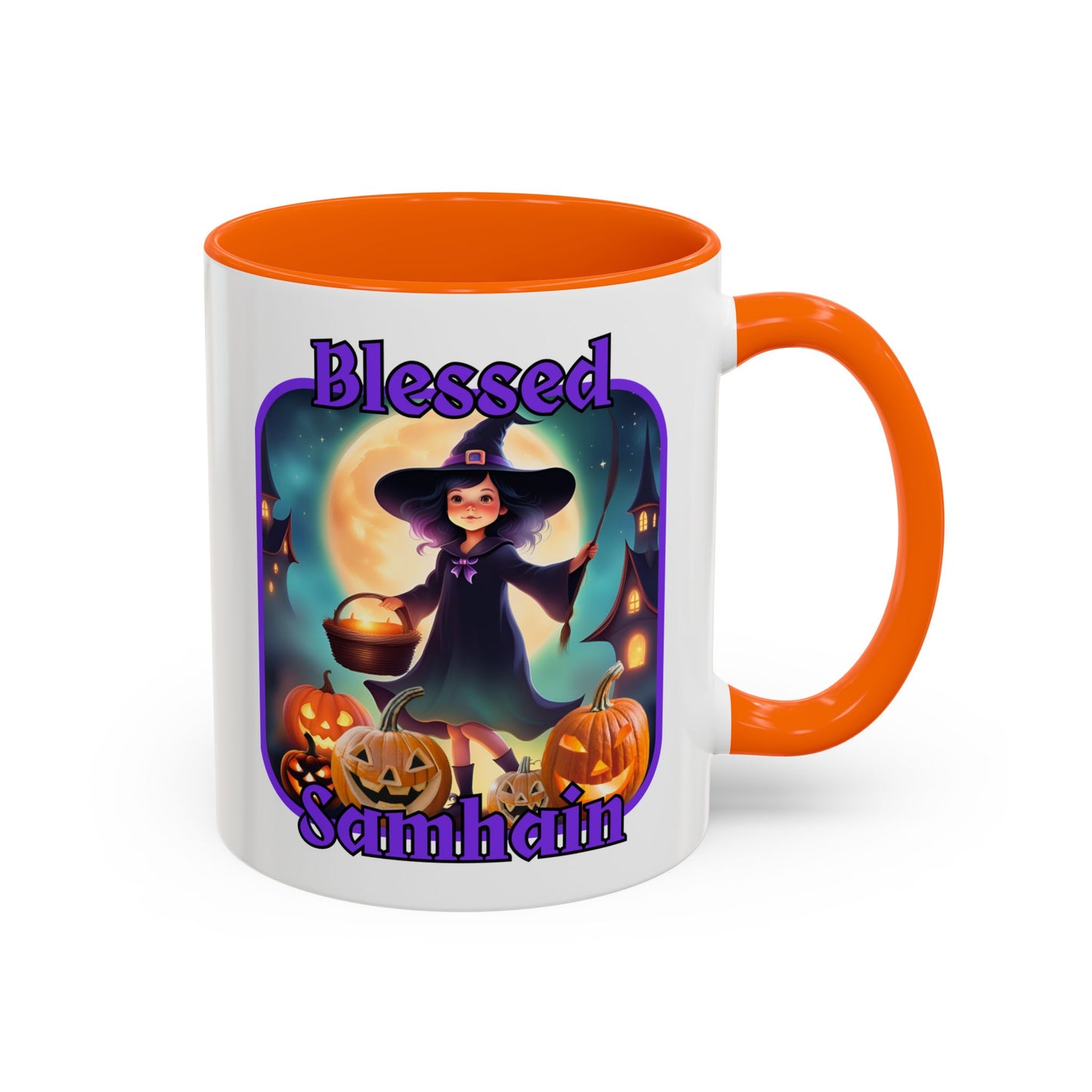 Blessed Samhain Little Witch Purple font White Accent Mug by CreepyCrafts.boo