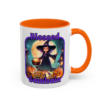 Blessed Samhain Little Witch Purple font White Accent Mug by CreepyCrafts.boo