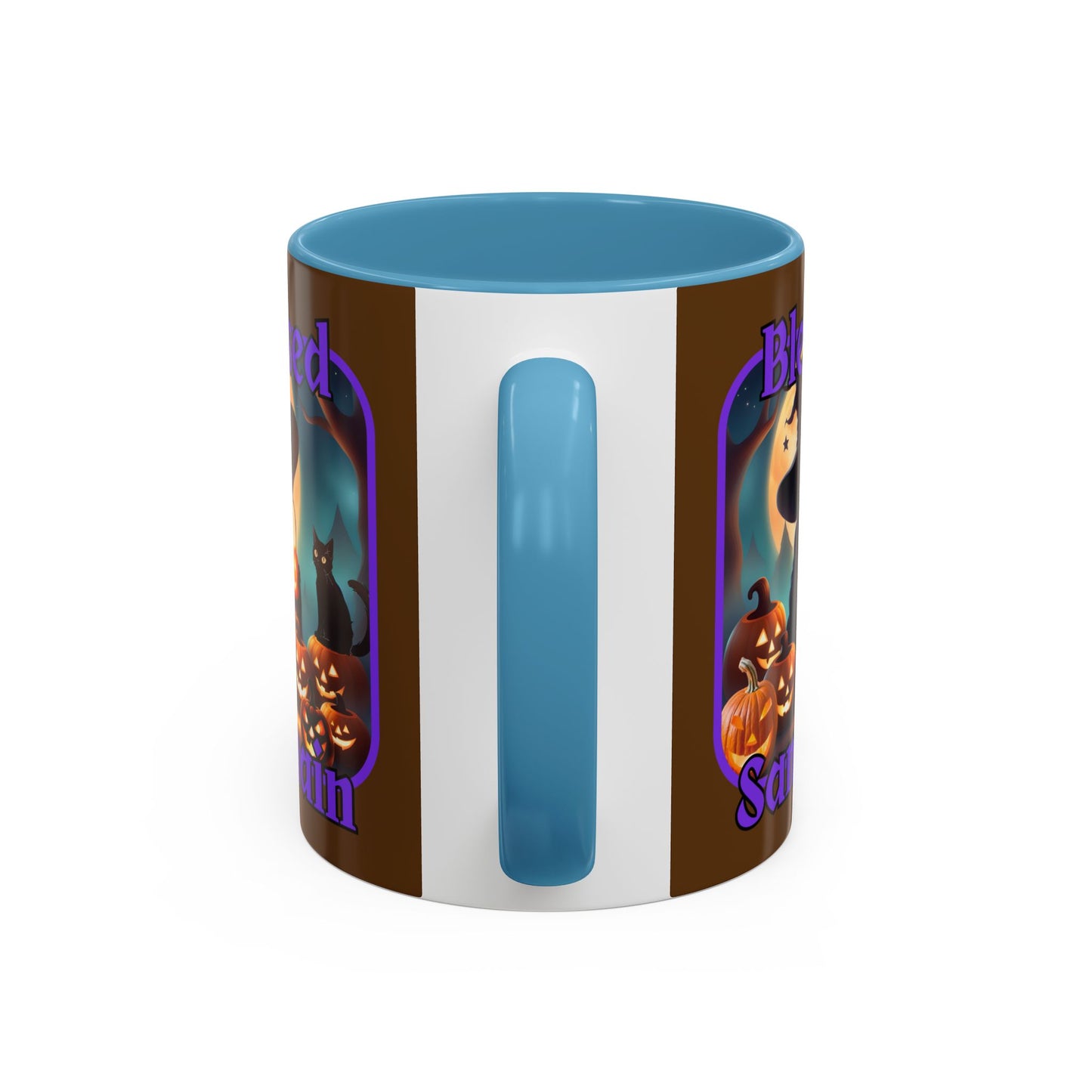 Blessed Samhain Cute Witch Purple font Brown Accent Mug by CreepyCrafts.boo