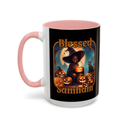 Blessed Samhain Cute Witch Orange font Black Accent Mug by CreepyCrafts.boo