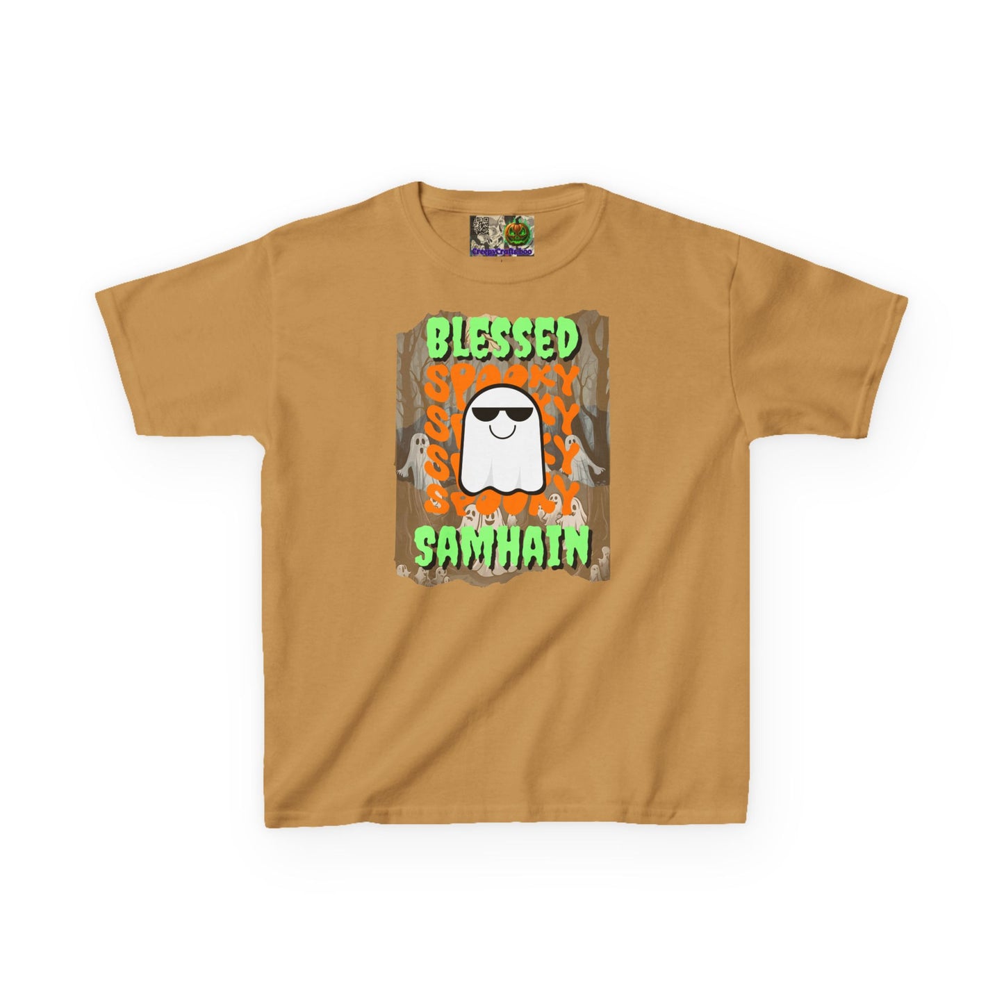 Spooky Blessed Samhain Ghost Green font Kids Heavy Cotton™ Tee by CreepyCrafts.boo