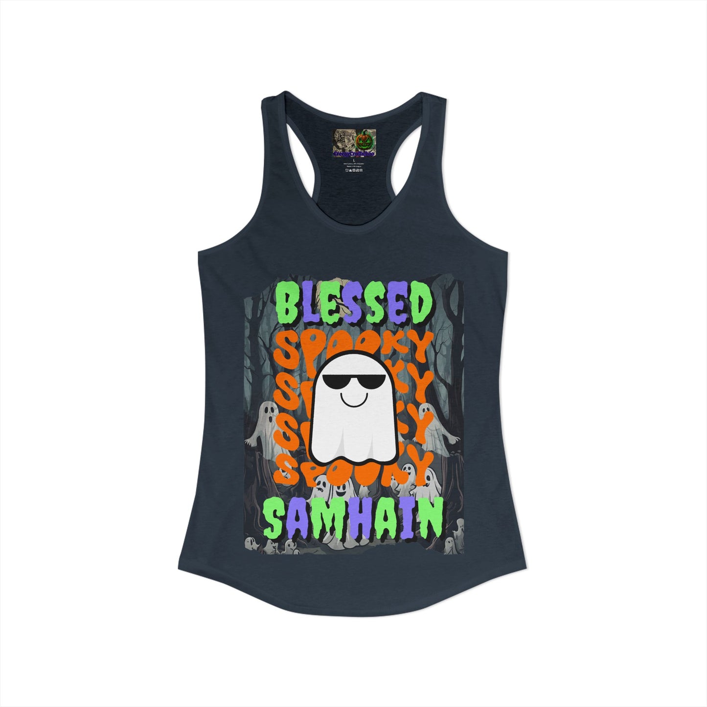 Spooky Blessed Samhain Ghost Mixed font Women's Racerback Tank Top by CreepyCrafts.boo