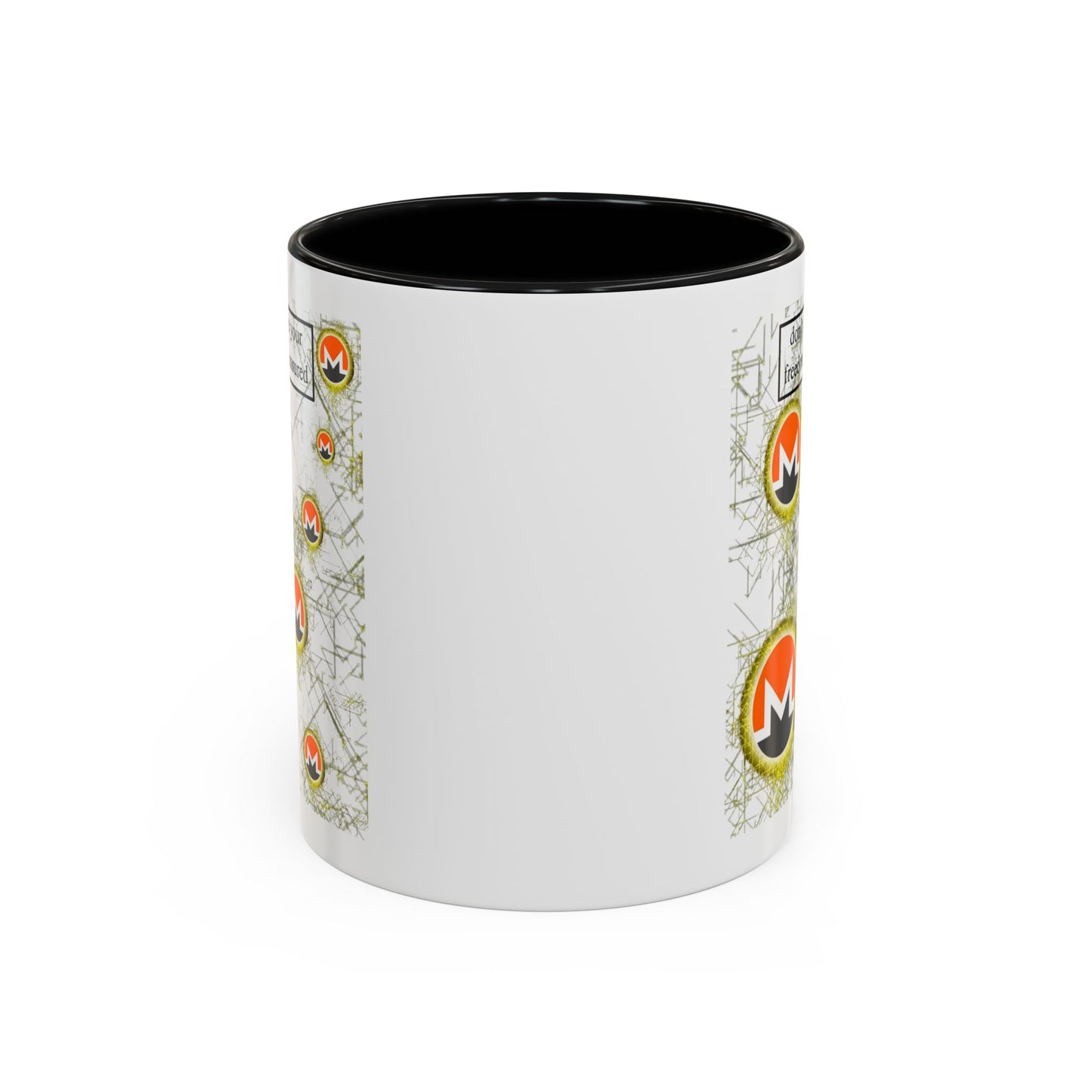 Monero (XMR) don't assume your freedoms are assured White Accent Mug by cypherpunkgear.com