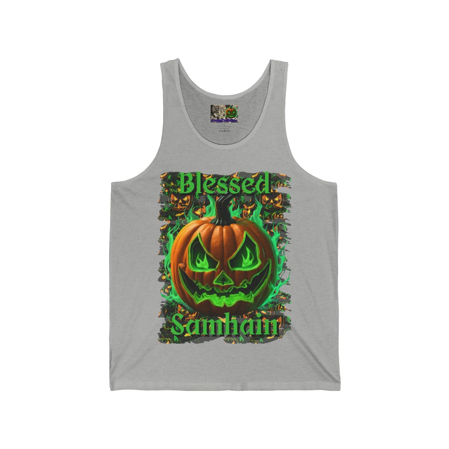 Blessed Samhain Green Jack Unisex Jersey Tank Top by CreepyCrafts.boo