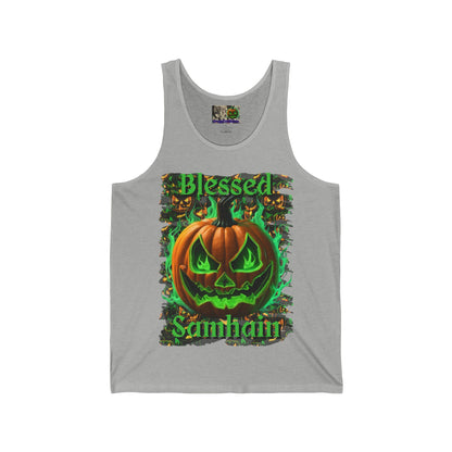 Blessed Samhain Green Jack Unisex Jersey Tank Top by CreepyCrafts.boo