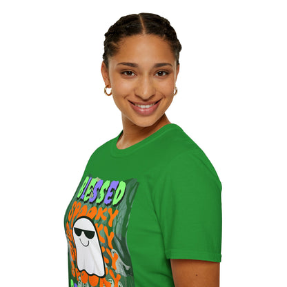 Spooky Blessed Samhain Ghost Mixed font Unisex T-Shirt by CreepyCrafts.boo