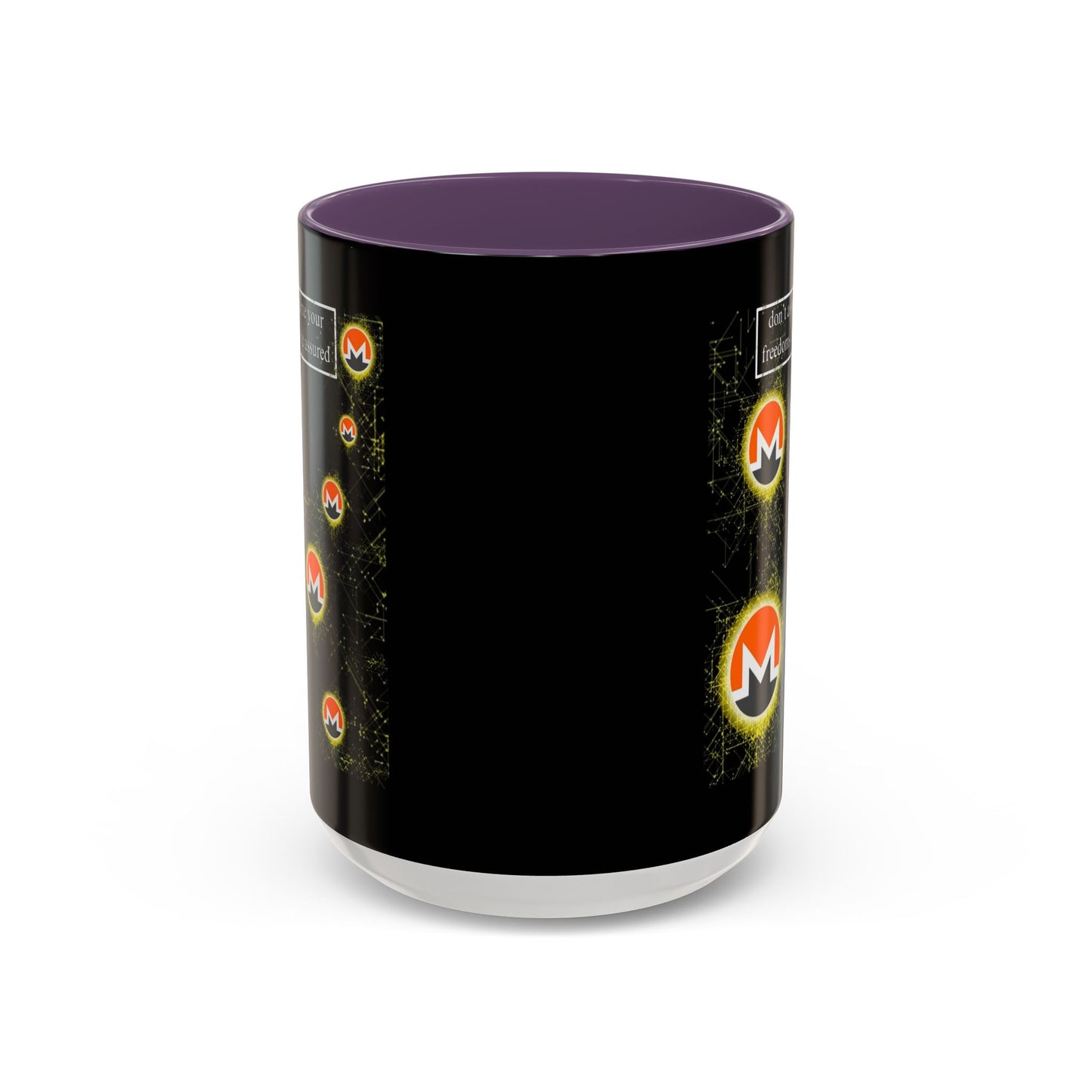 Monero (XMR) don't assume your freedoms are assured Black Accent Mug by cypherpunkgear.com