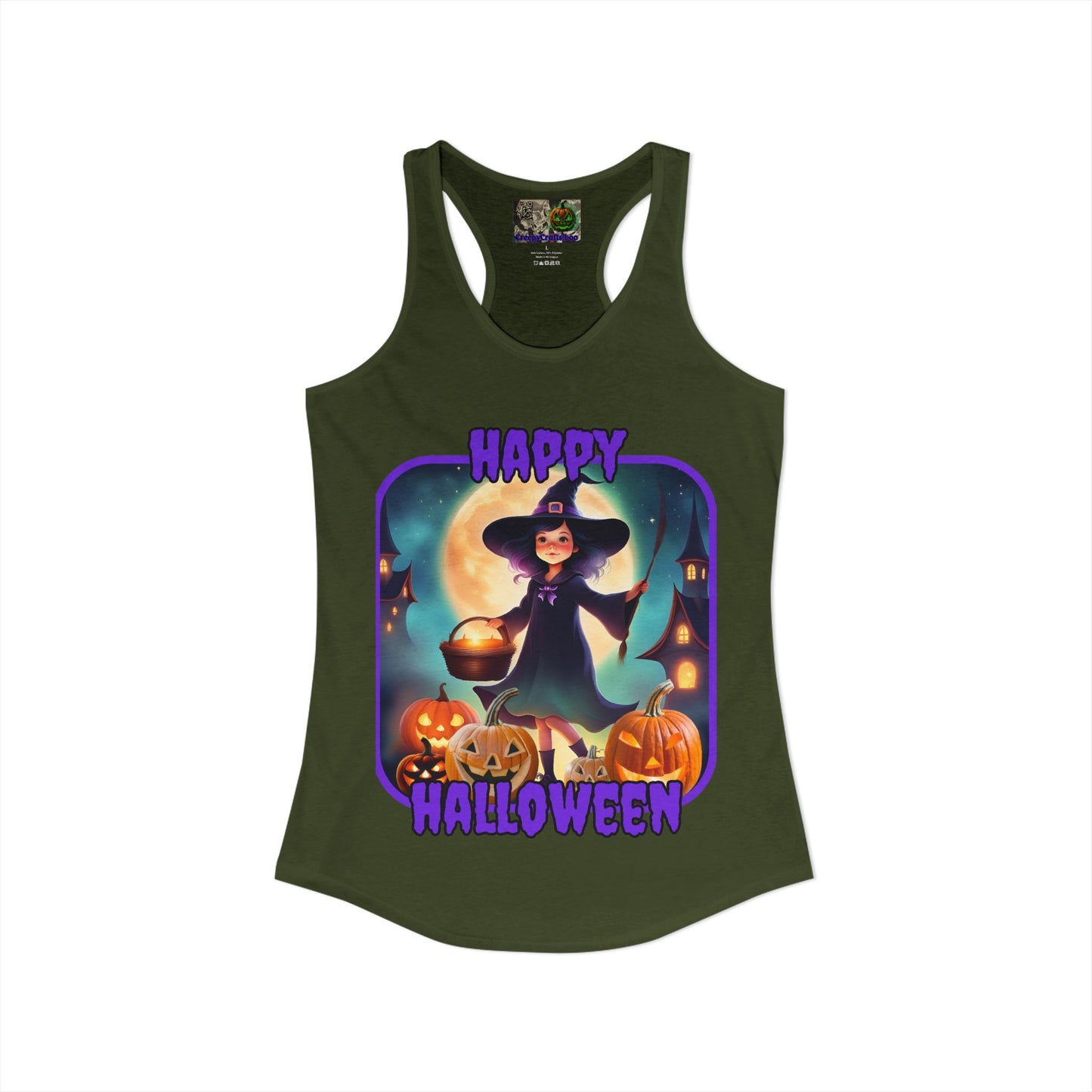 Happy Halloween Little Witch Purple font Women's Racerback Tank Top by CreepyCrafts.boo