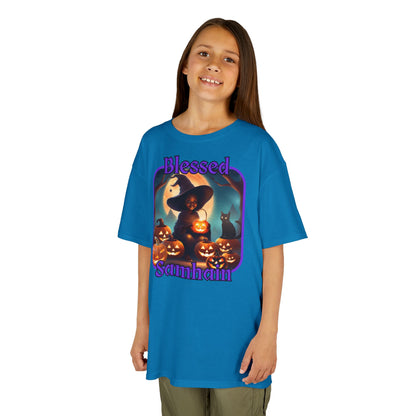 Blessed Samhain Cute Witch Purple font Kids Heavy Cotton™ Tee by CreepyCrafts.boo