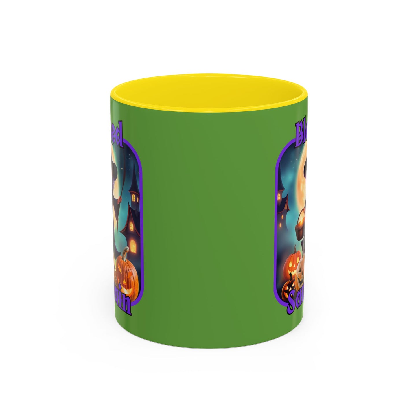 Blessed Samhain Little Witch Purple font Green Accent Mug by CreepyCrafts.boo