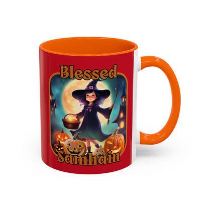 Blessed Samhain Little Witch Orange font Red Accent Mug by CreepyCrafts.boo