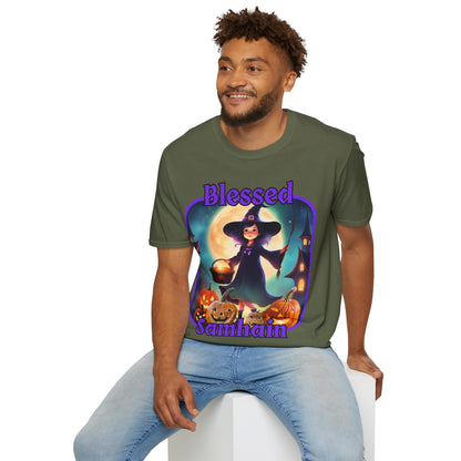 Blessed Samhain Little Witch Purple font Dark colors Unisex T-Shirt by CreepyCrafts.boo