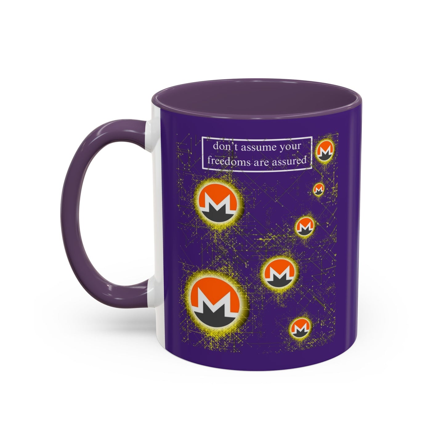 Monero (XMR) don't assume your freedoms are assured Purple Accent Mug by cypherpunkgear.com