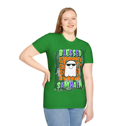 Spooky Blessed Samhain Ghost Mixed font Unisex T-Shirt by CreepyCrafts.boo