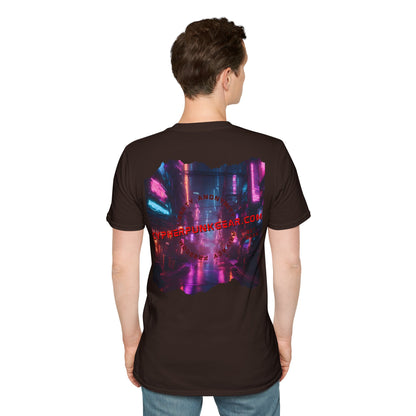 2-sided, cypherpunkgear.com Logo & Cityscape Dark colors Unisex T-Shirt by cypherpunkgear.com