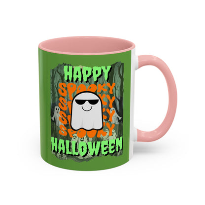 Spooky Happy Halloween Ghost Green font Green Accent Mug by CreepyCrafts.boo