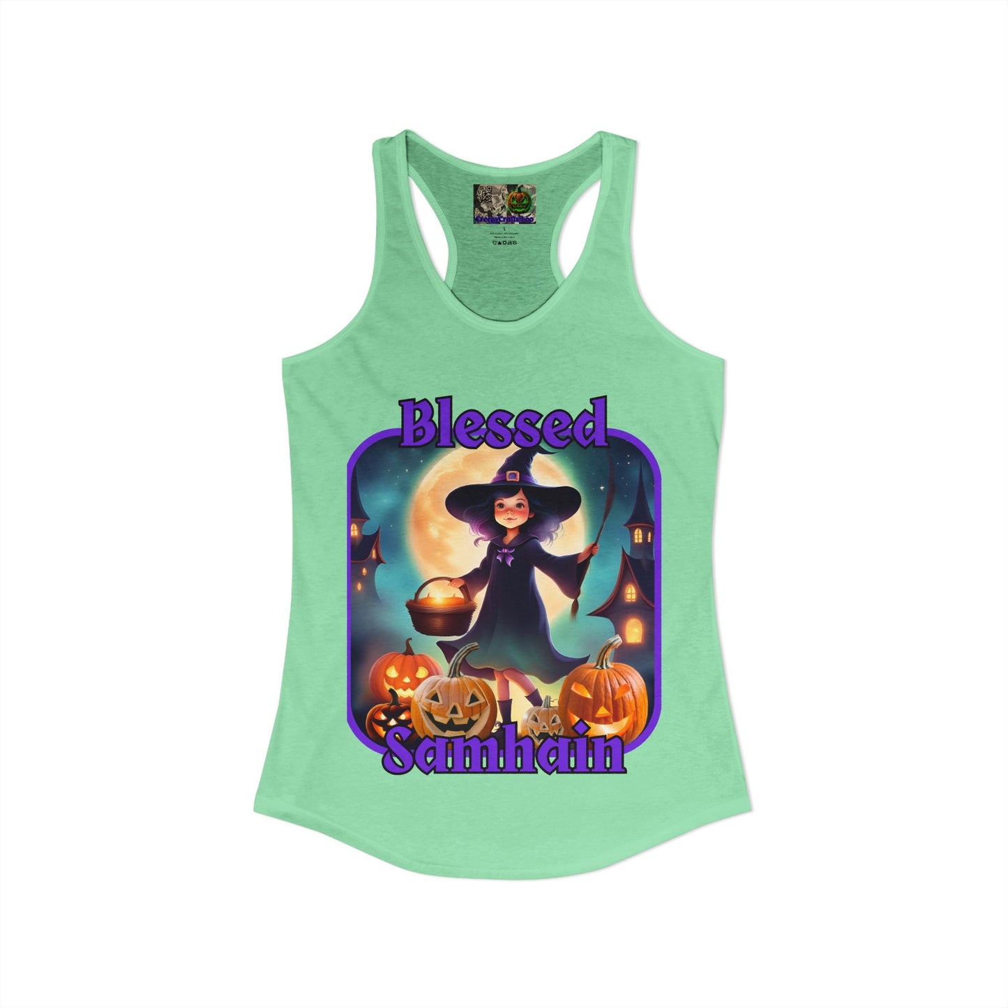 Blessed Samhain Little Witch Purple font Women's Racerback Tank Top by CreepyCrafts.boo