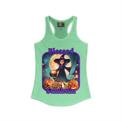 Blessed Samhain Little Witch Purple font Women's Racerback Tank Top by CreepyCrafts.boo