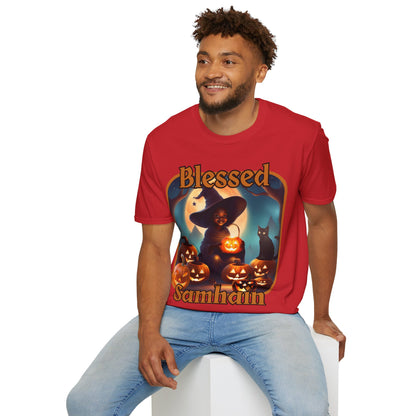 Blessed Samhain Cute Witch Orange font Light colors Unisex T-Shirt by CreepyCrafts.boo