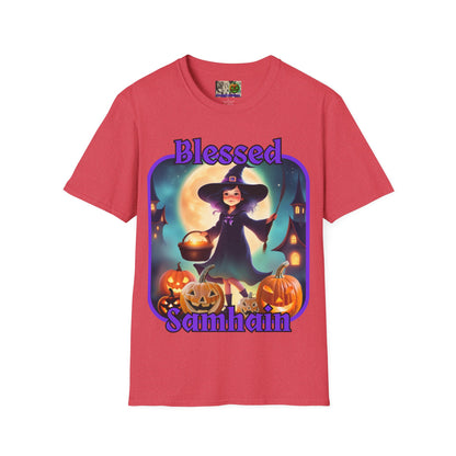 Blessed Samhain Little Witch Purple font Light colors Unisex T-Shirt by CreepyCrafts.boo