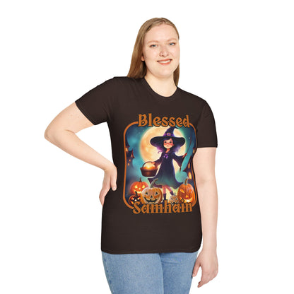 Blessed Samhain Little Witch Orange font Dark colors Unisex T-Shirt by CreepyCrafts.boo