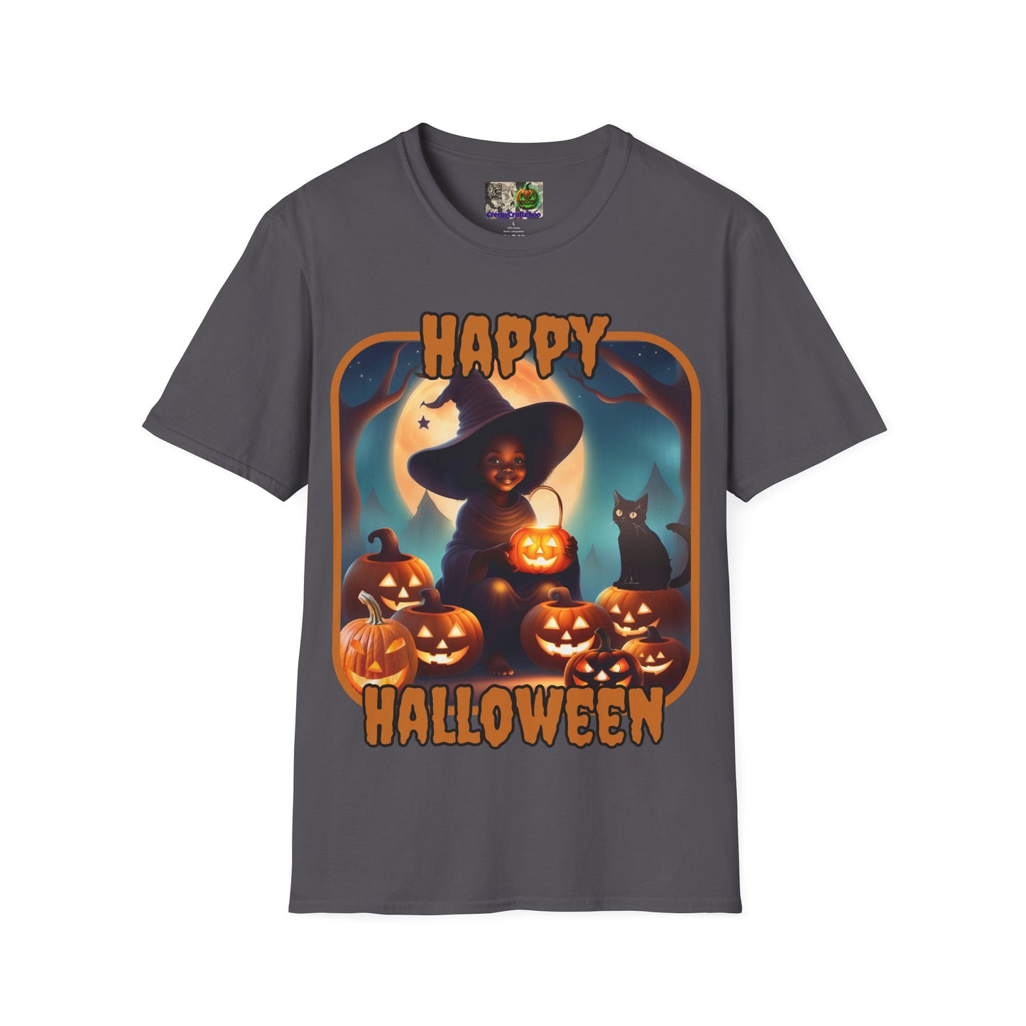 Happy Halloween Cute Witch Orange font, Dark colors, Unisex T-Shirt by CreepyCrafts.boo