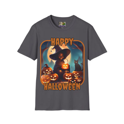 Happy Halloween Cute Witch Orange font, Dark colors, Unisex T-Shirt by CreepyCrafts.boo