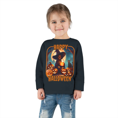 Happy Halloween Cute Witch Orange font Toddler Long Sleeve Tee by CreepyCrafts.boo