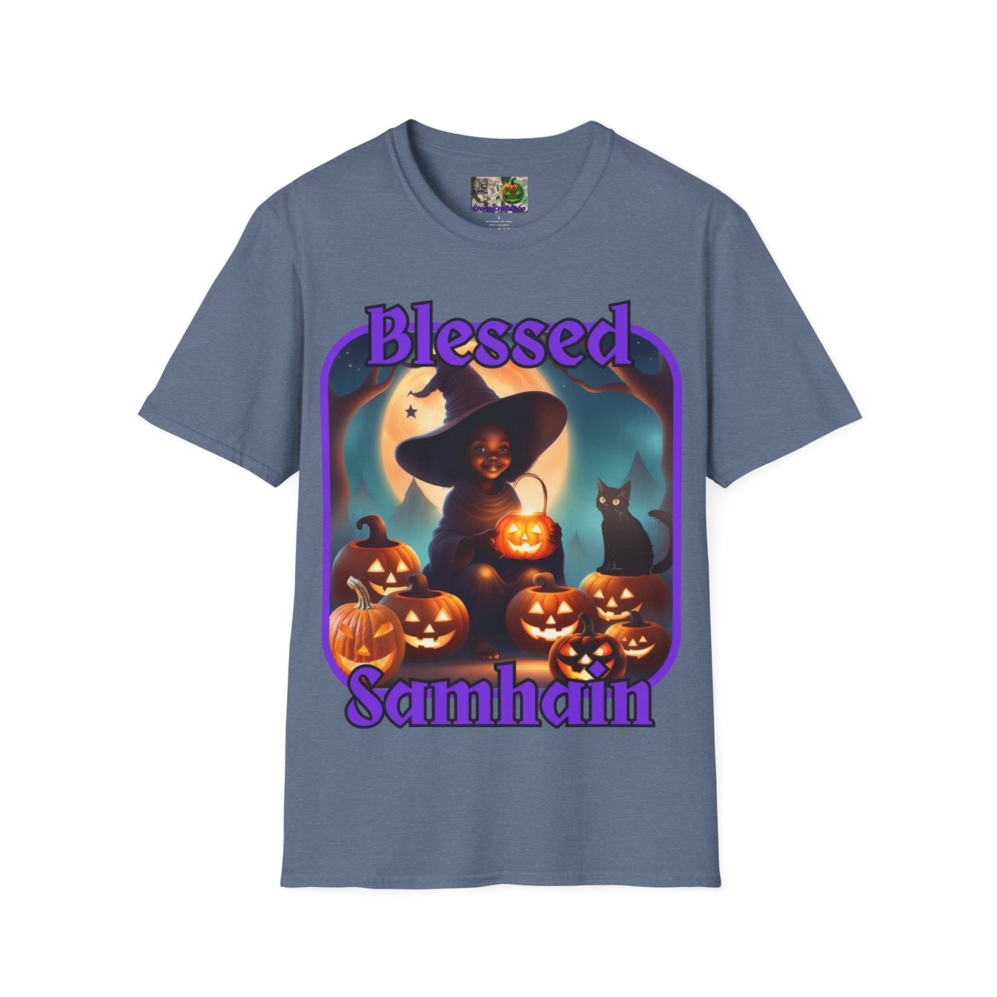 Blessed Samhain Cute Witch Purple font Dark colors Unisex T-Shirt by CreepyCrafts.boo