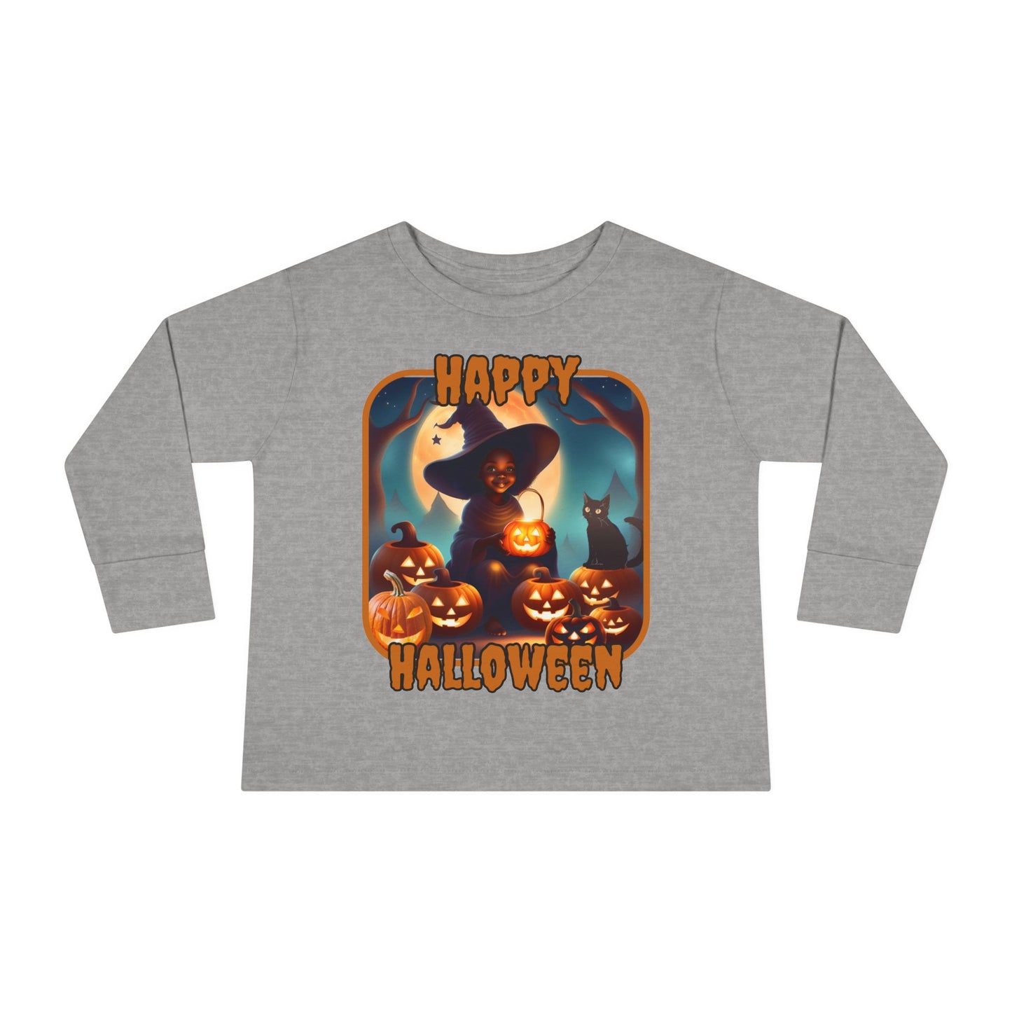 Happy Halloween Cute Witch Orange font Toddler Long Sleeve Tee by CreepyCrafts.boo