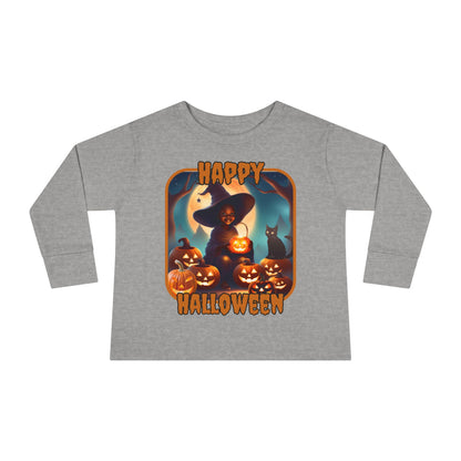 Happy Halloween Cute Witch Orange font Toddler Long Sleeve Tee by CreepyCrafts.boo