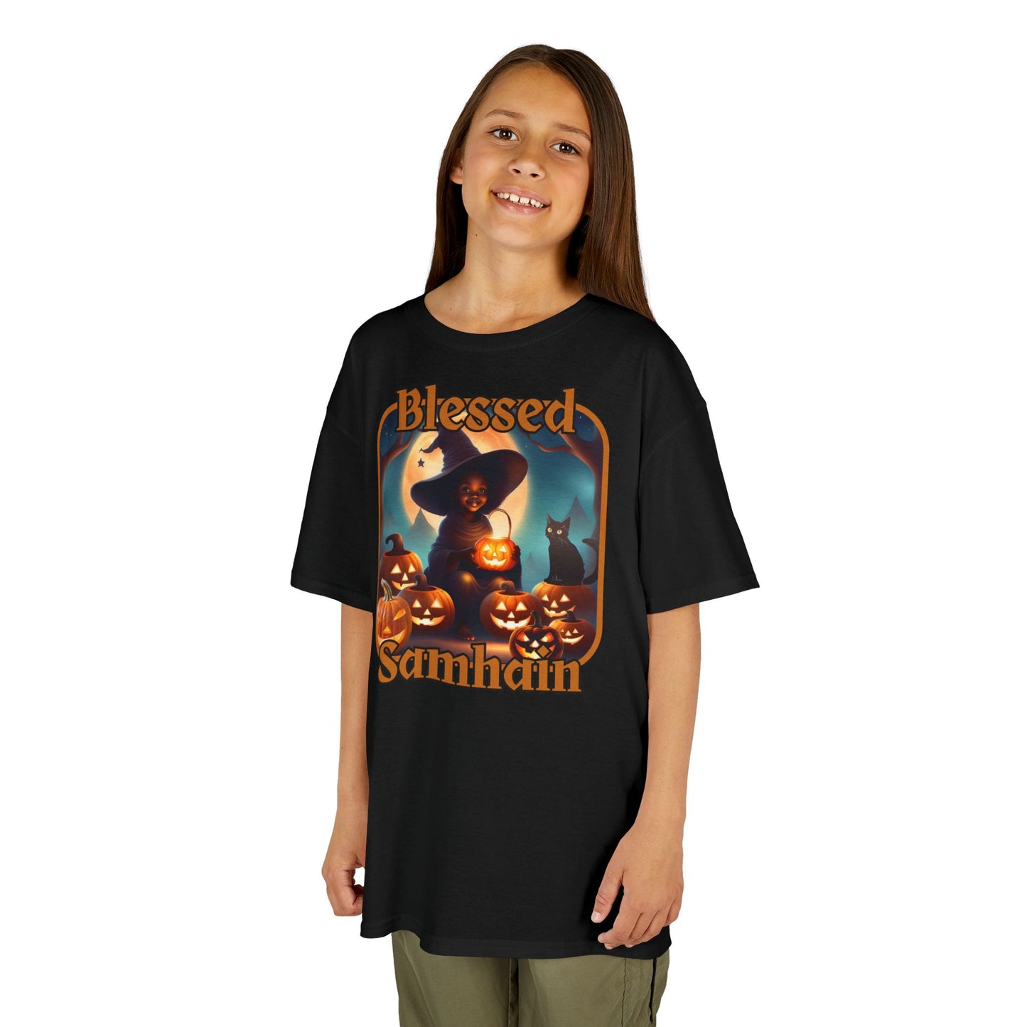 Blessed Samhain Cute Witch Orange font Kids Heavy Cotton™ Tee by CreepyCrafts.boo