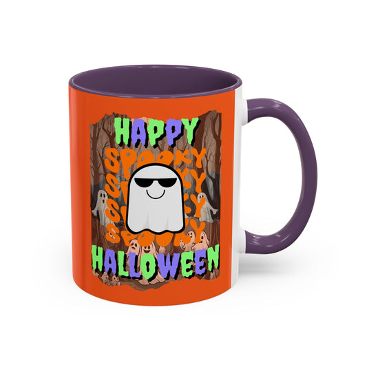 Spooky Happy Halloween Ghost Mixed font Orange Accent Mug by CreepyCrafts.boo