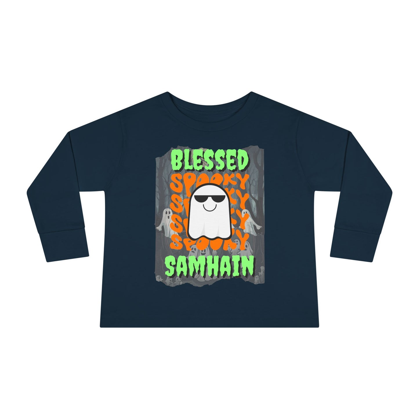 Spooky Blessed Samhain Ghost Green font Toddler Long Sleeve Tee by CreepyCrafts.boo