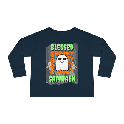 Spooky Blessed Samhain Ghost Green font Toddler Long Sleeve Tee by CreepyCrafts.boo