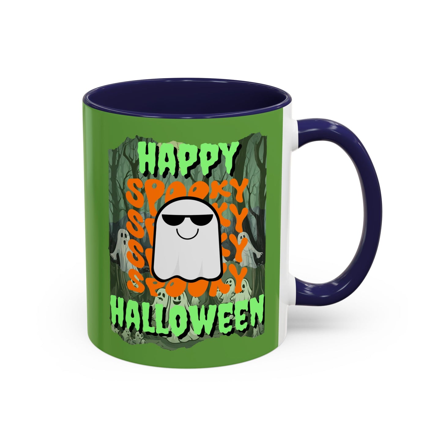 Spooky Happy Halloween Ghost Green font Green Accent Mug by CreepyCrafts.boo