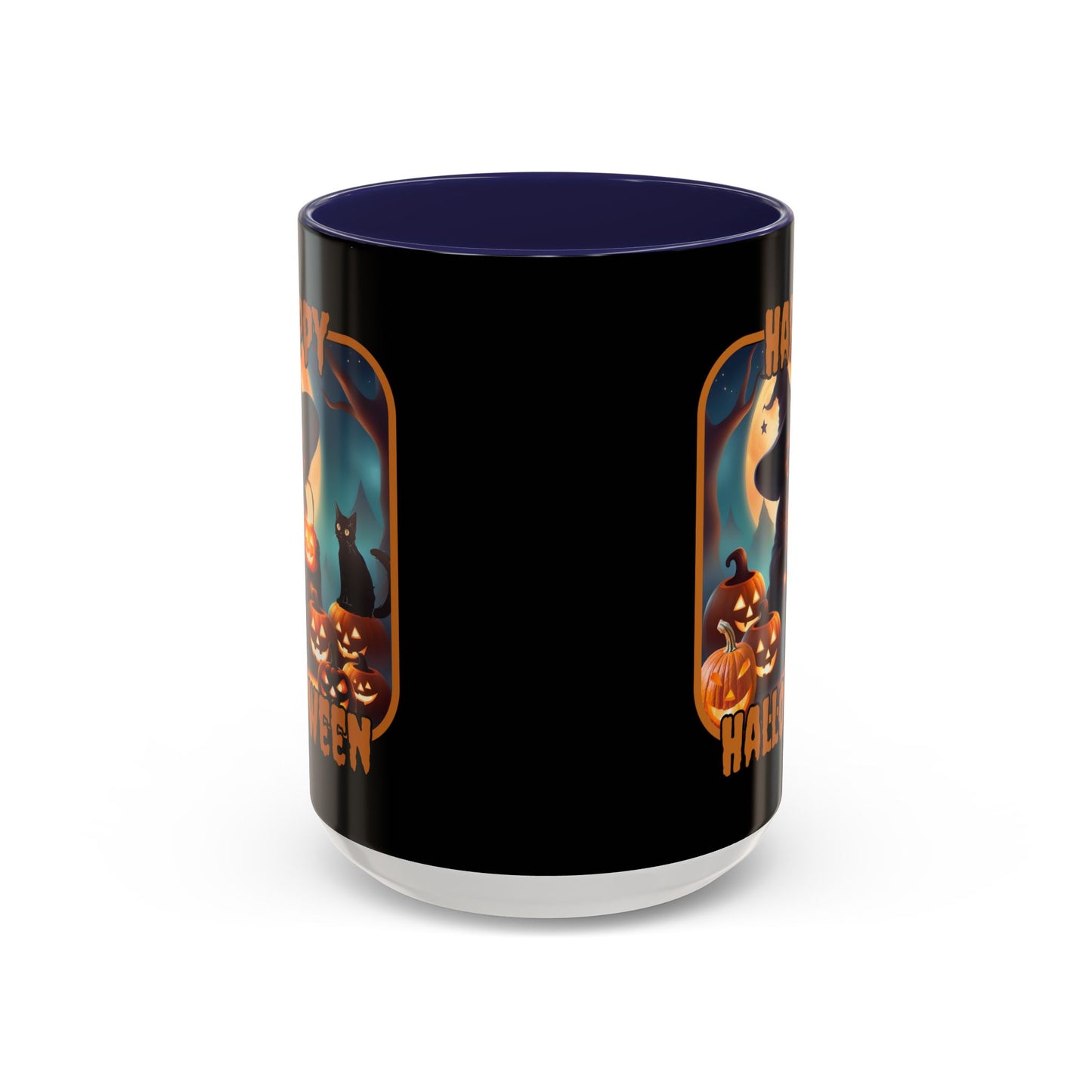 Happy Halloween Cute Witch Orange font Black Accent Mug by CreepyCrafts.boo