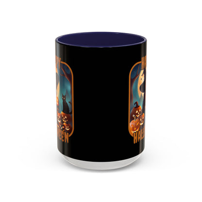 Happy Halloween Cute Witch Orange font Black Accent Mug by CreepyCrafts.boo