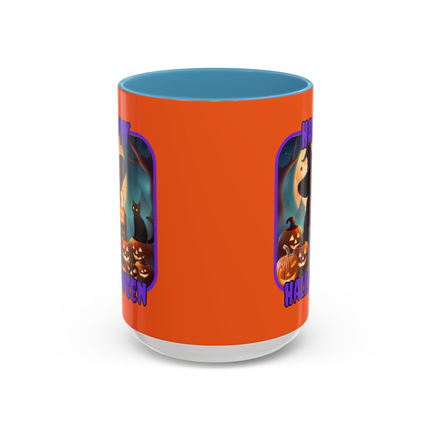Happy Halloween Cute Witch Purple font Orange Accent Mug by CreepyCrafts.boo
