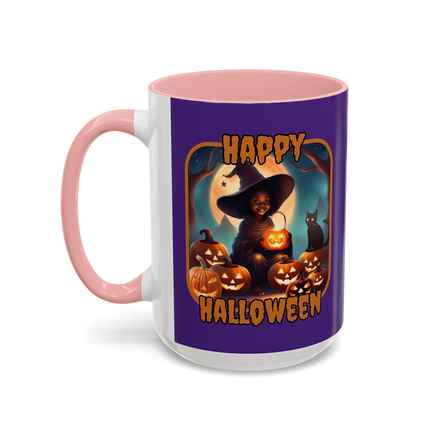 Happy Halloween Cute Witch Orange font Purple Accent Mug by CreepyCrafts.boo