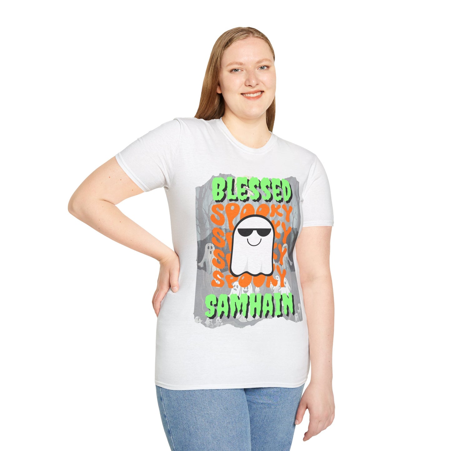 Spooky Blessed Samhain Ghost Green font Unisex T-Shirt by CreepyCrafts.boo