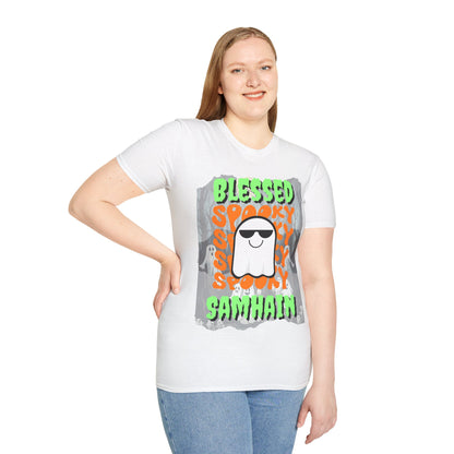 Spooky Blessed Samhain Ghost Green font Unisex T-Shirt by CreepyCrafts.boo