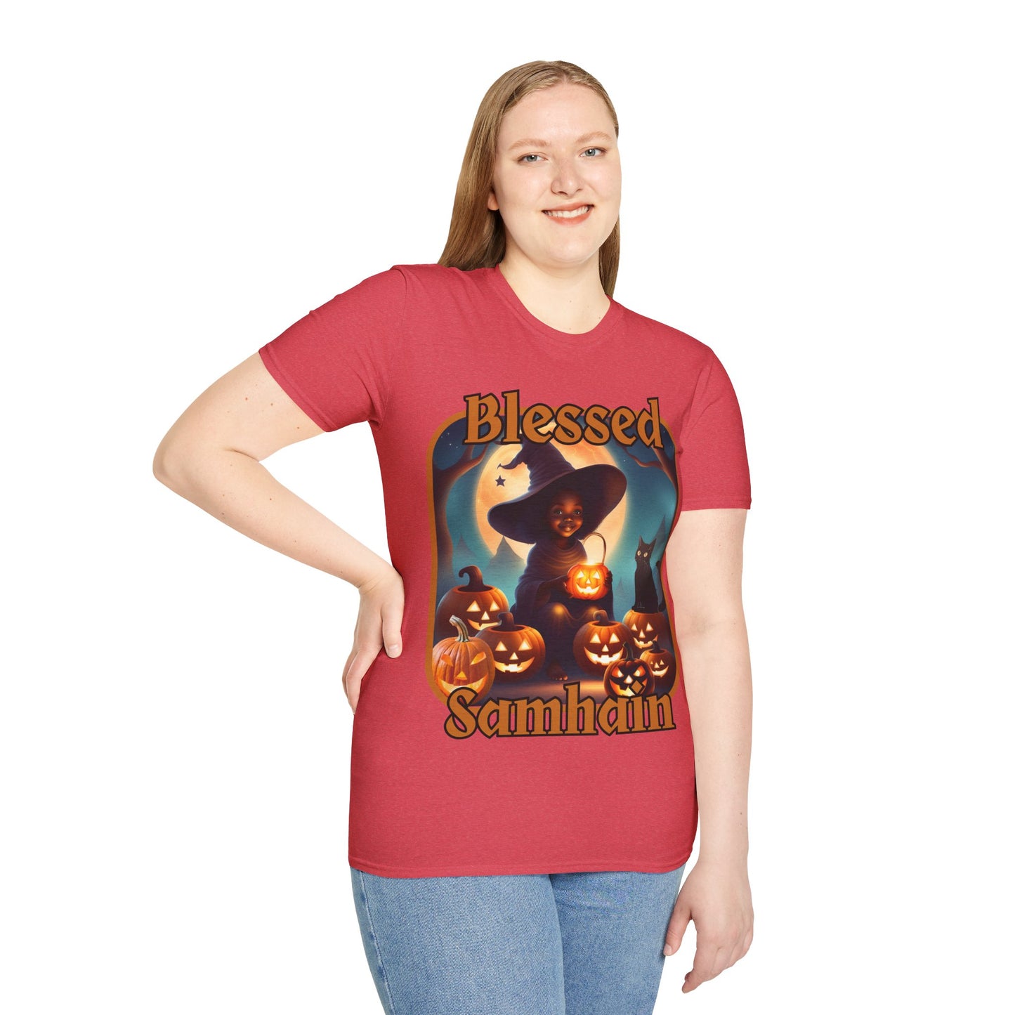 Blessed Samhain Cute Witch Orange font Light colors Unisex T-Shirt by CreepyCrafts.boo