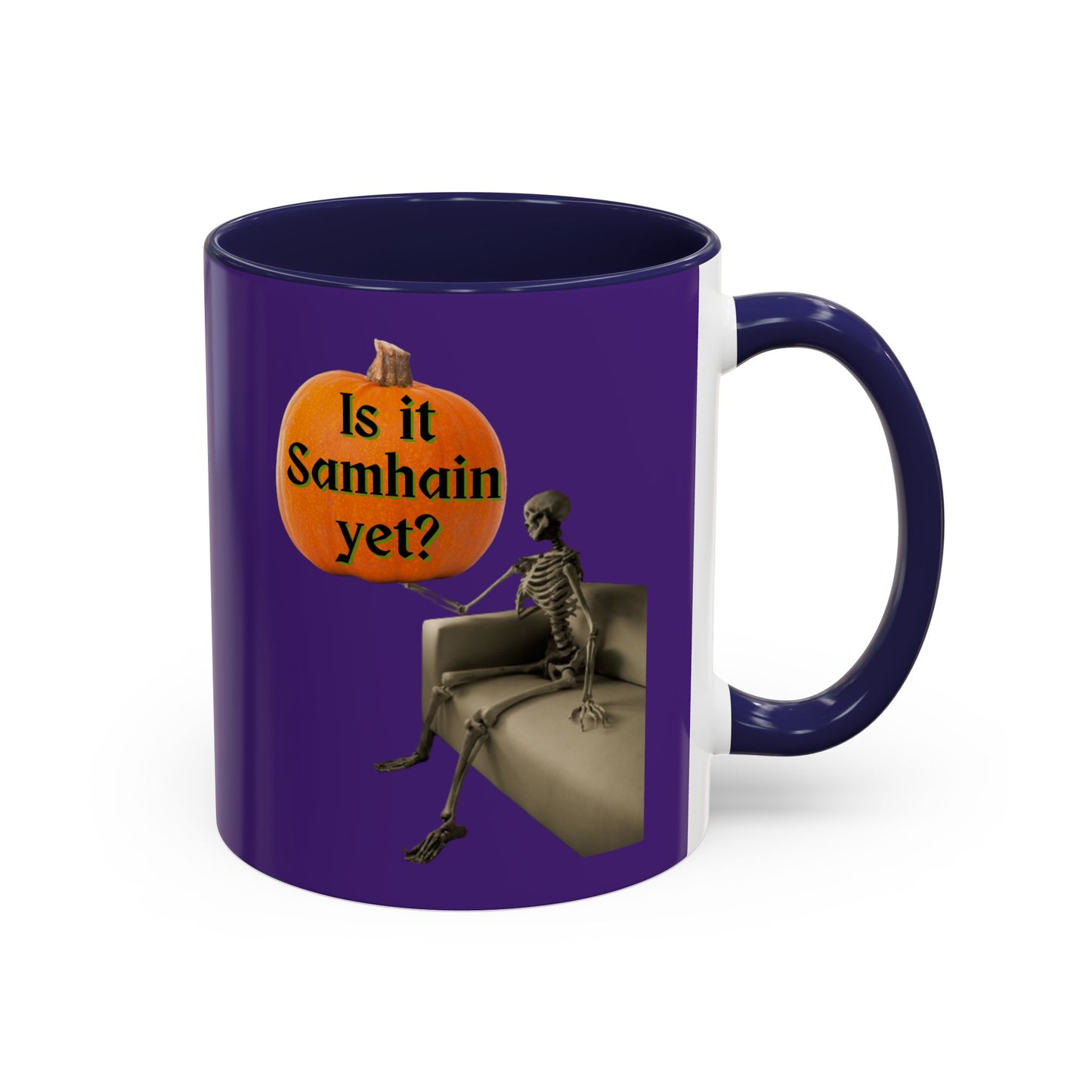 Is it Samhain yet? Skeleton's Pumpkin Purple Accent Mug by CreepyCrafts.boo