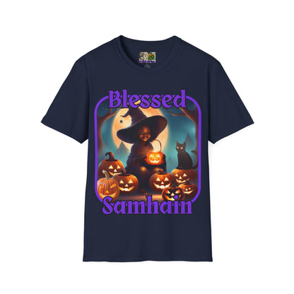 Blessed Samhain Cute Witch Purple font Dark colors Unisex T-Shirt by CreepyCrafts.boo