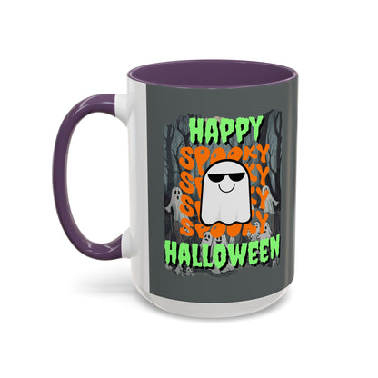 Spooky Happy Halloween Ghost Green font Grey Accent Mug by CreepyCrafts.boo