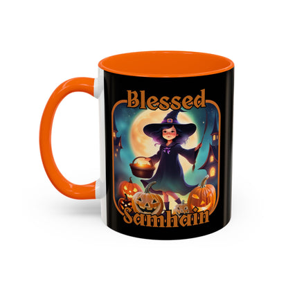 Blessed Samhain Little Witch Orange font Black Accent Mug by CreepyCrafts.boo