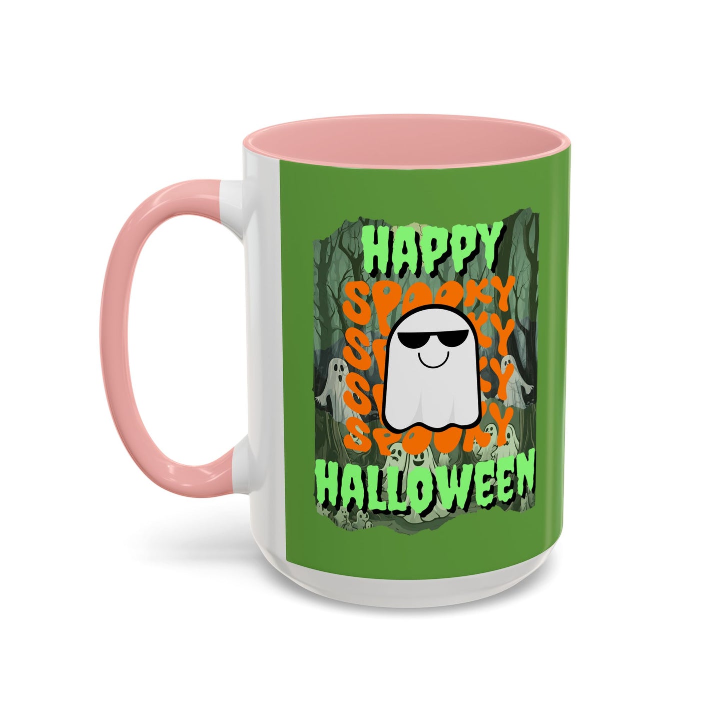 Spooky Happy Halloween Ghost Green font Green Accent Mug by CreepyCrafts.boo