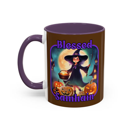Blessed Samhain Little Witch Purple font Brown Accent Mug by CreepyCrafts.boo