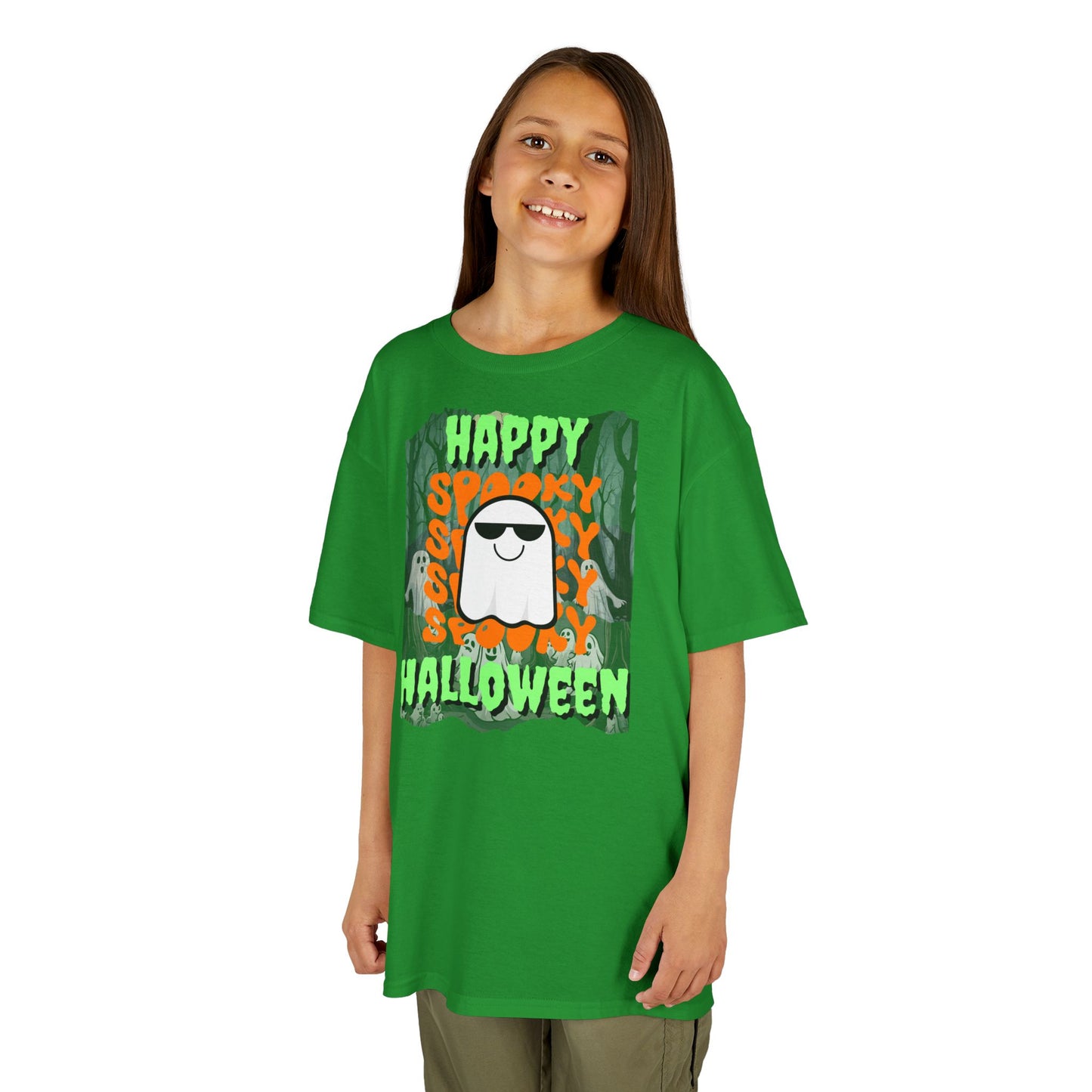 Spooky Happy Halloween Ghost Green font Kids Heavy Cotton™ Tee by CreepyCrafts.boo